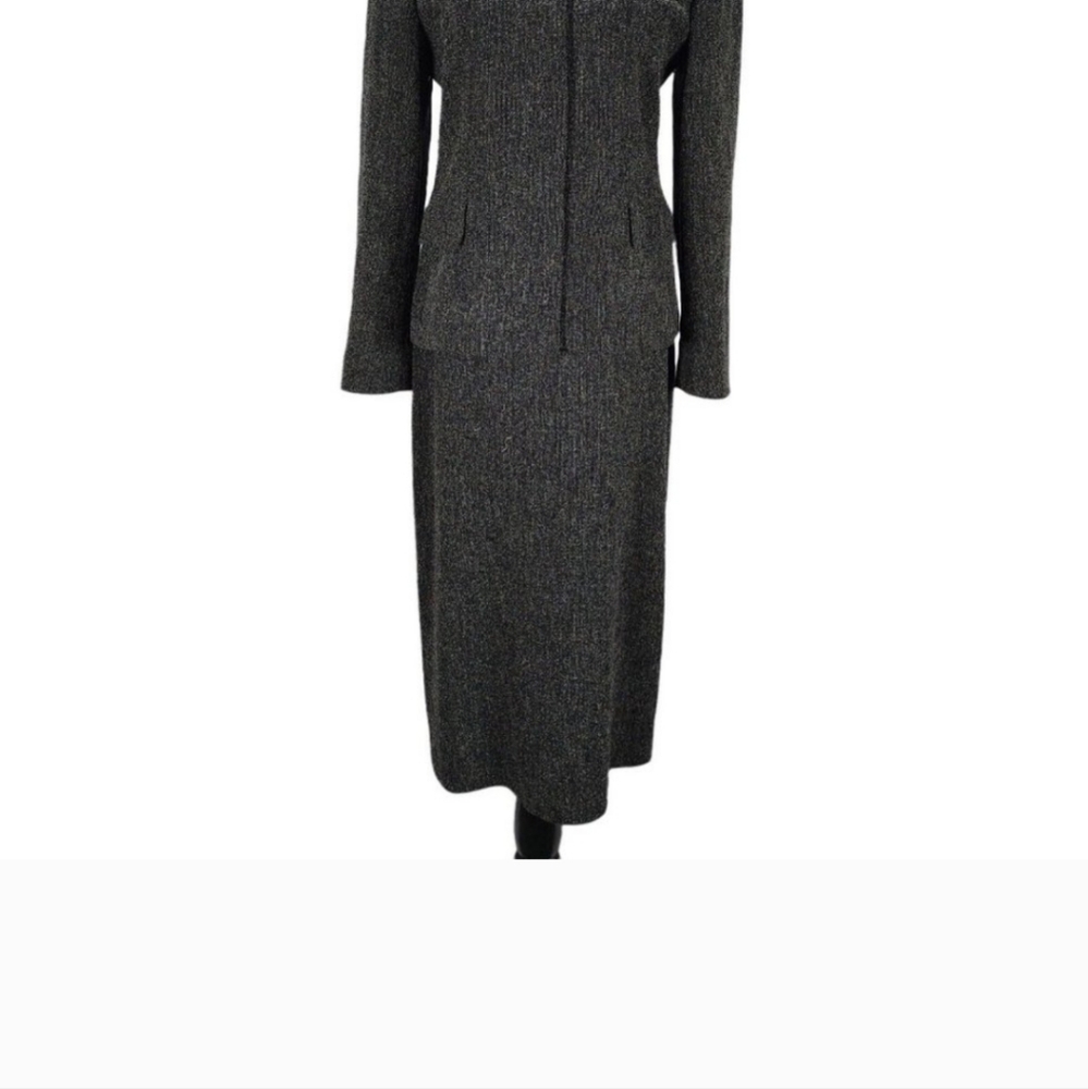 Max Mara Midi Skirt Suit Size 8 Gray Wool Blend Tweed Mandarin Collar 90s